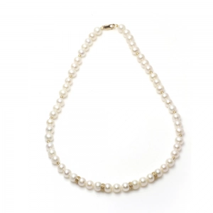 Collar perlas cultivadas 7,5-8 mm, entrepiezas diamantes 0.15 ct en oro 18 kt Cresber