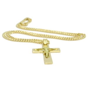 Grande y preciosa cruz con Cristo de oro de 18k y cadena de oro de 18k modelo barbada plana Never say never
