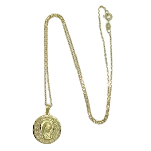 Medalla redonda calada de oro de 18k con la Virgen Niña de 18 mm calada y cadena forzada de 45cm  Never say never
