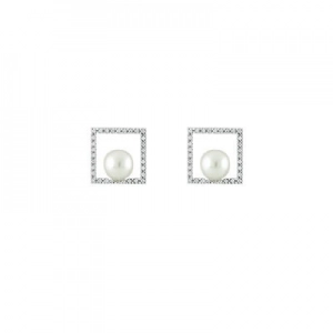 Pendientes  Oro Blanco 18 kt con Brillantes 0,30 ct, y perlas de 6.5-7 mm. Cresber