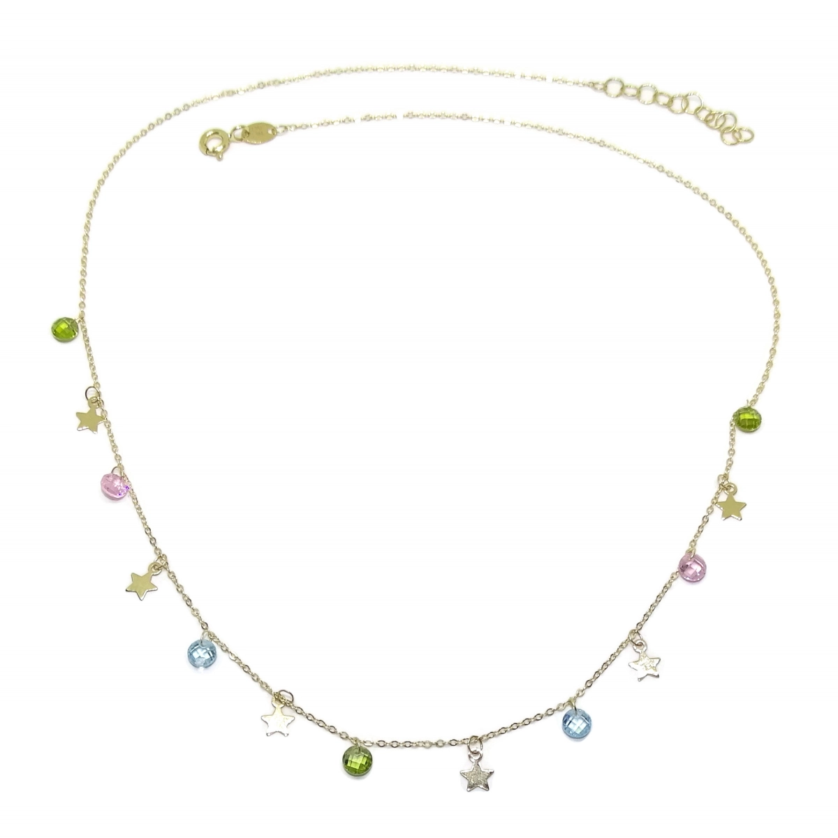NECKLACE OF 18K YELLOW GOLD WITH 6 GOLD STARS 5MM AND 7 ZIRCONS OF COLOR NEVER SAY NEVER
