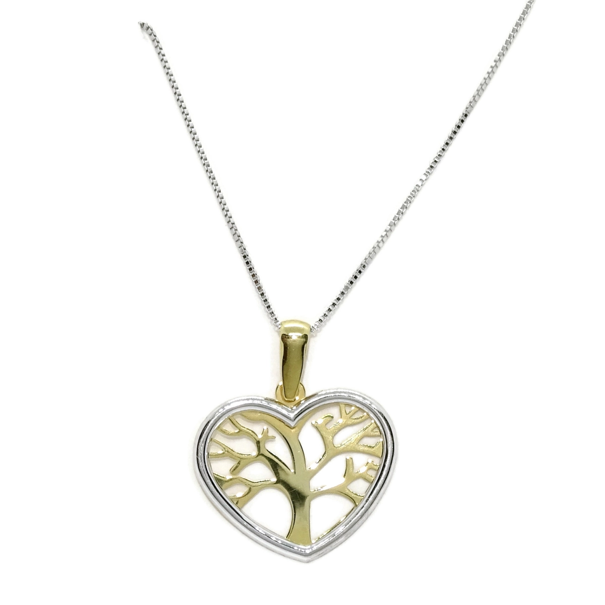 Collar de oro amarillo de 18k y oro blanco de 18k con forma de corazón y árbol de la vida. Mamá Never say never