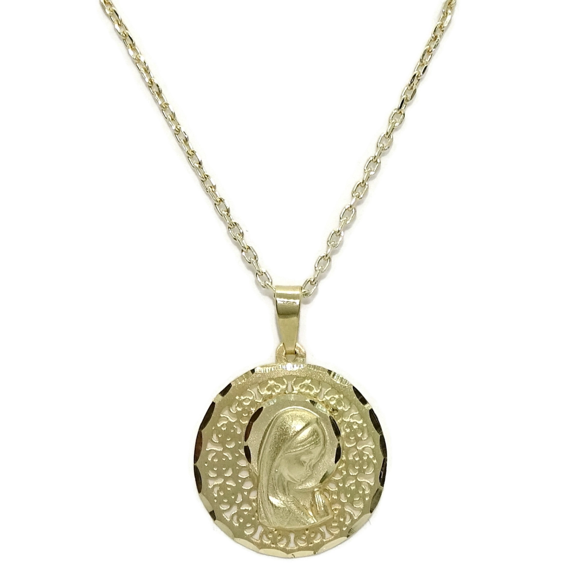 Medalla redonda calada de oro de 18k con la Virgen Niña de 18 mm calada y cadena forzada de 45cm  Never say never