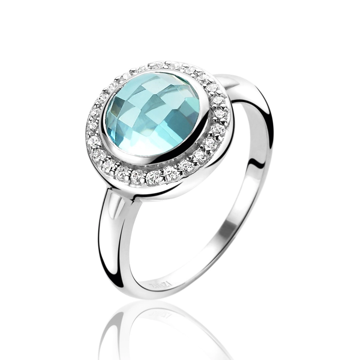 RING SILVER ZINZI RHODIUM-PLATED WITH LARGE CUBIC ZIRCONIA CENTRAL AQUAMARINE SURROUNDED BY ZIRCONS WHITE ZIR1085