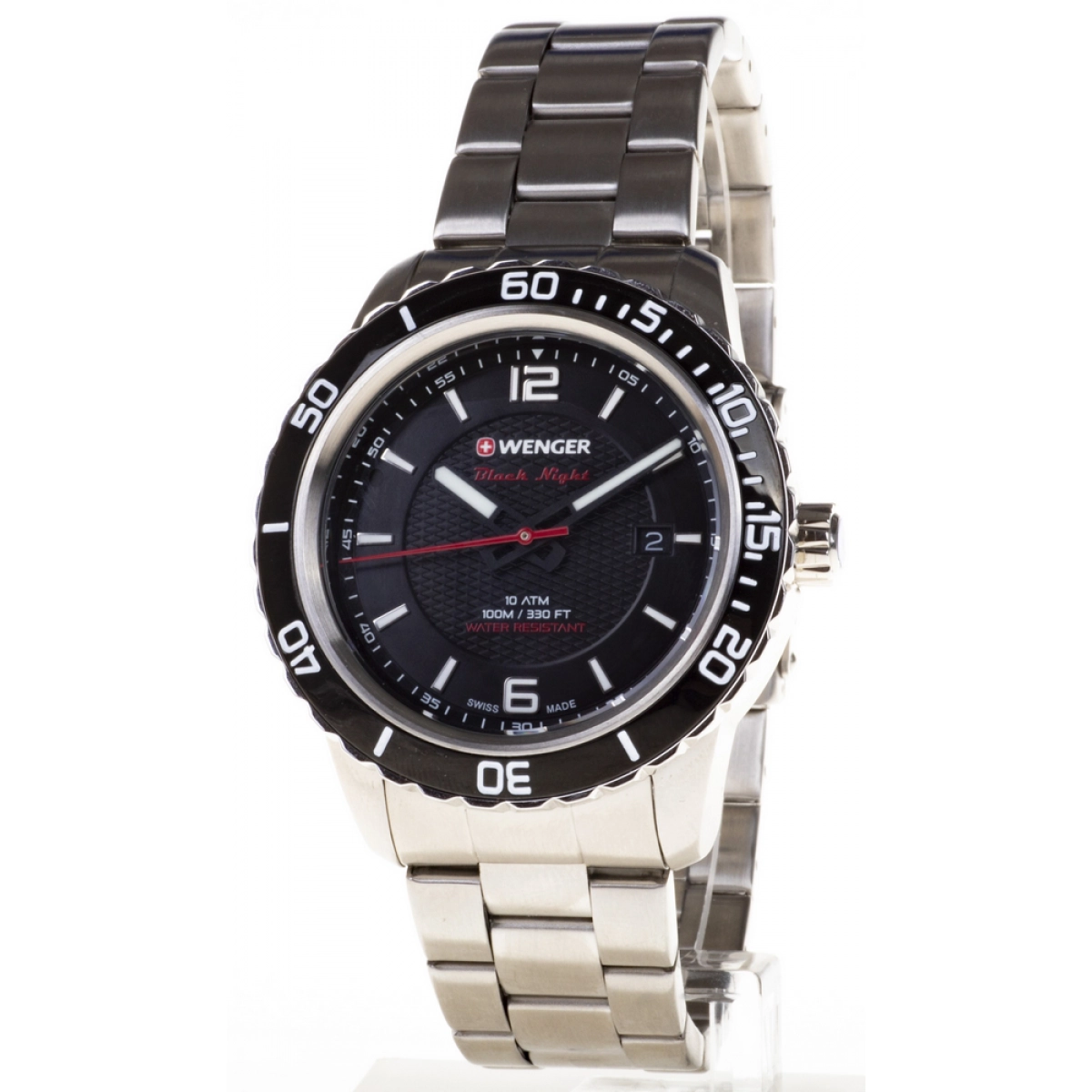 WATCH WENGER STEEL BLACK DIAL BOLTS FLORESCENTE, SAPPHIRE CRYSTAL 01.0851.122