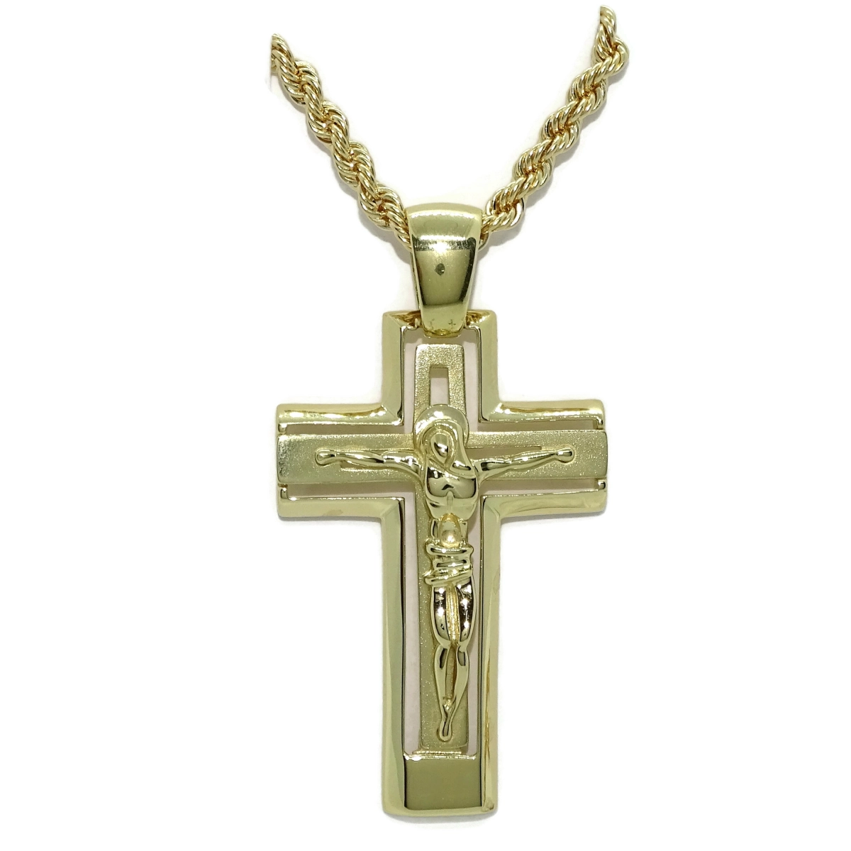 Original y exclusiva cruz con Cristo de oro de 18k y cordón de 3.30 mm de ancho y 60cm de largo. Never say never