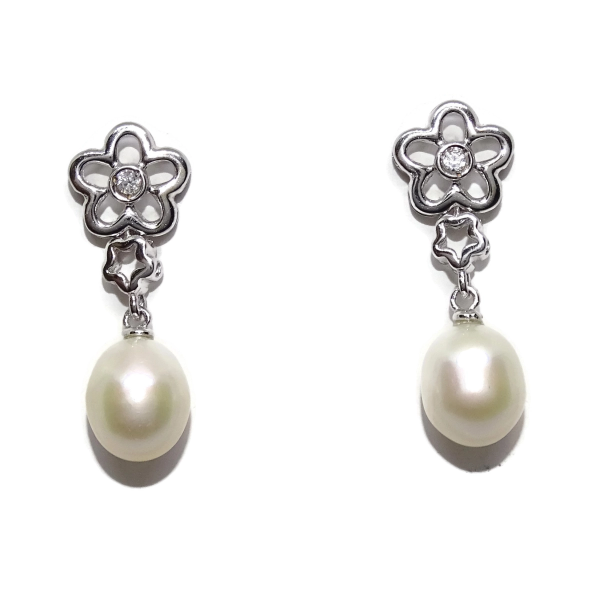 EARRINGS IN 18K WHITE GOLD WITH 2 FLOWERS WITH ZIRCONS AND CULTURED PEARLS OF 8MM NEVER SAY NEVER