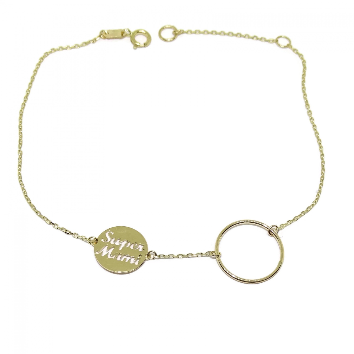 BRACELET OF YELLOW GOLD OF 18K WITH REASON KARMA AND CIRCLE SUPER MOMMY. 18.5 CM NEVER SAY NEVER
