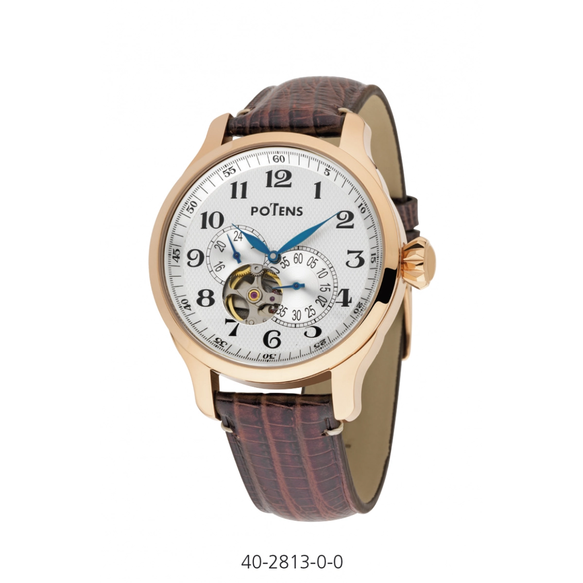 AUTOMATIC MECHANICAL MEN WATCH BOX STEEL PLATED ROSE GOLD STRAP LEATHER 40-2813-0-0 Potens
